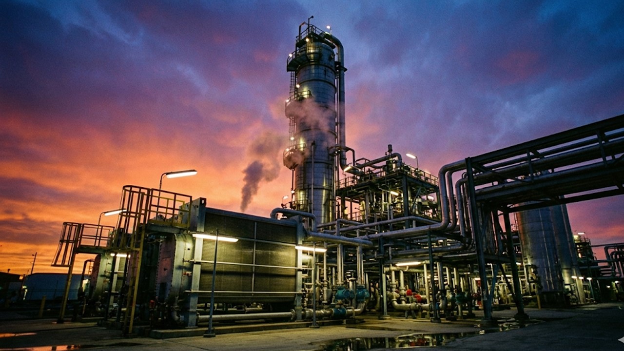 Crude Distillation Unit (CDU) tower and preheat train at a modern oil refinery.
