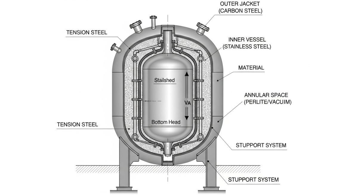 Technical cross-section diagram of double-wall vacuum insulated Cryogenic Storage Tanks