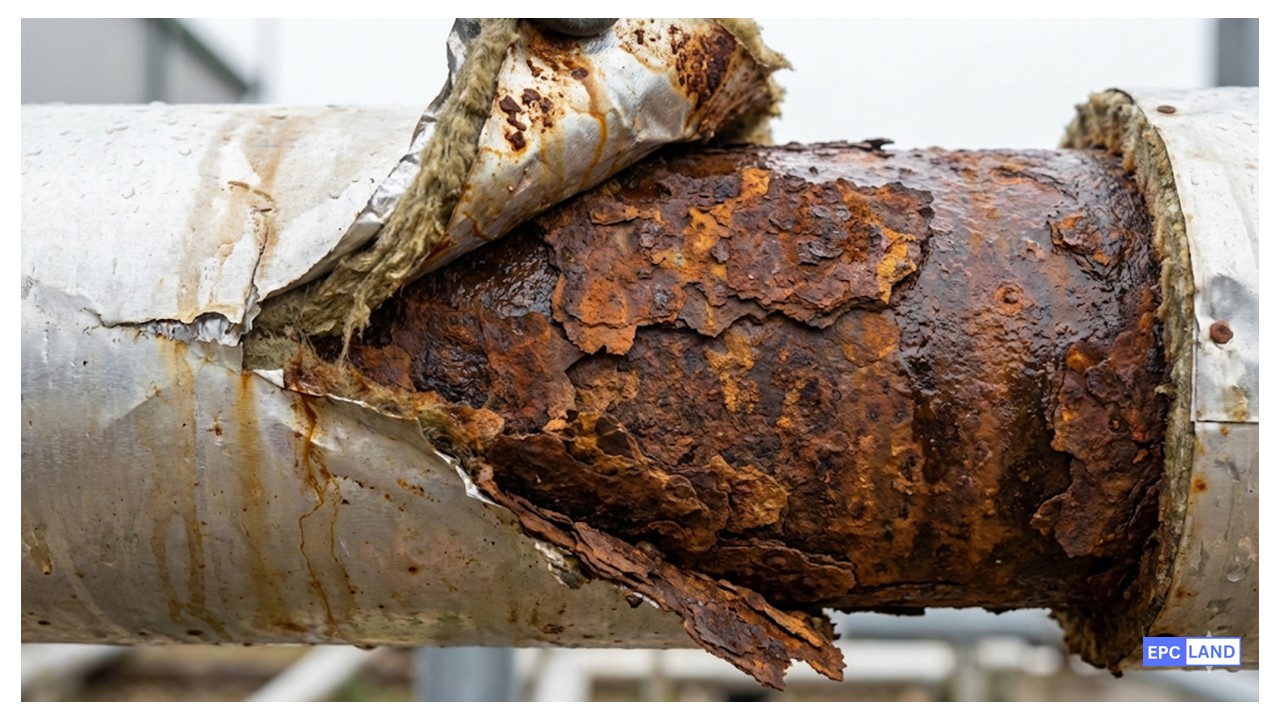 Severe material loss on carbon steel pipe caused by Corrosion Under Insulation CUI failure