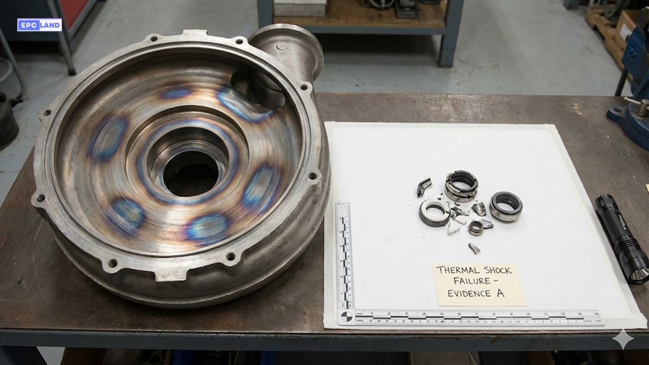 Pump damage from deadhead operation causing overheating and seal failure