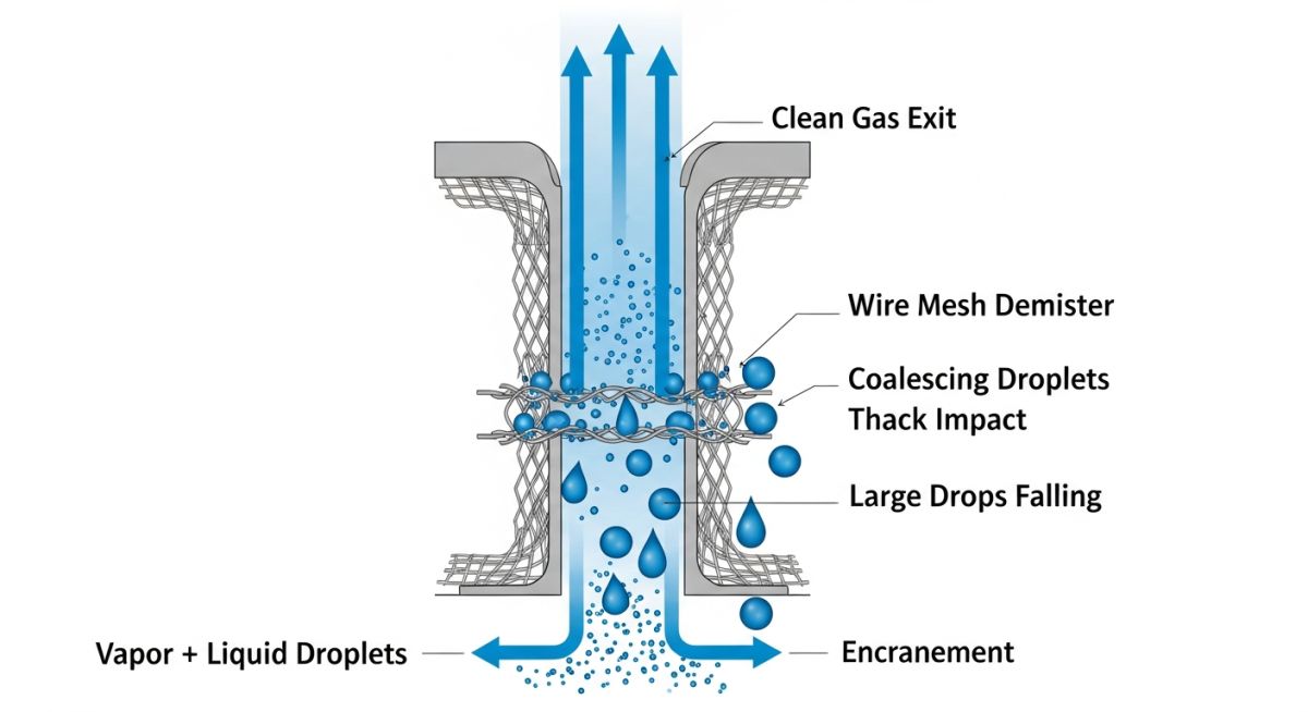 Technical diagram showing the working principle of a Demister Pad mist eliminator