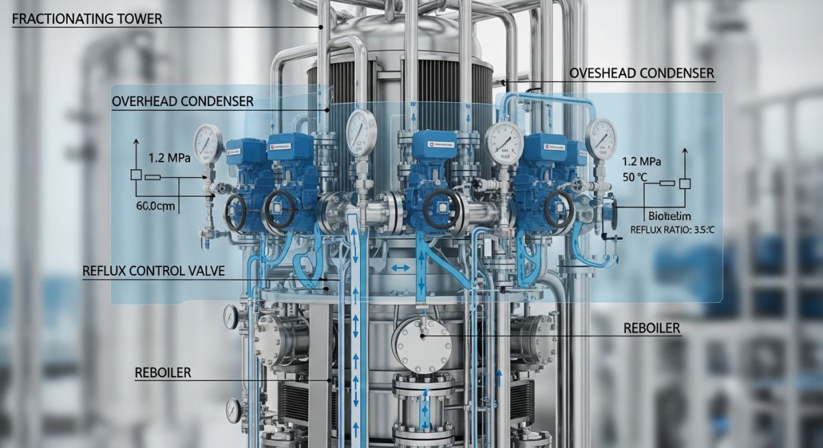 Distillation Column Pressure Control system with overhead reflux drum and control valves.