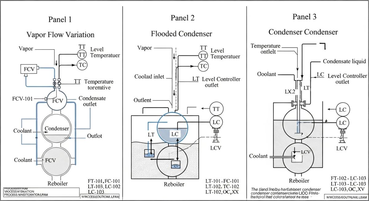 Comparison diagram of Distillation Column Pressure Control techniques including flooded condenser and vapor bypass