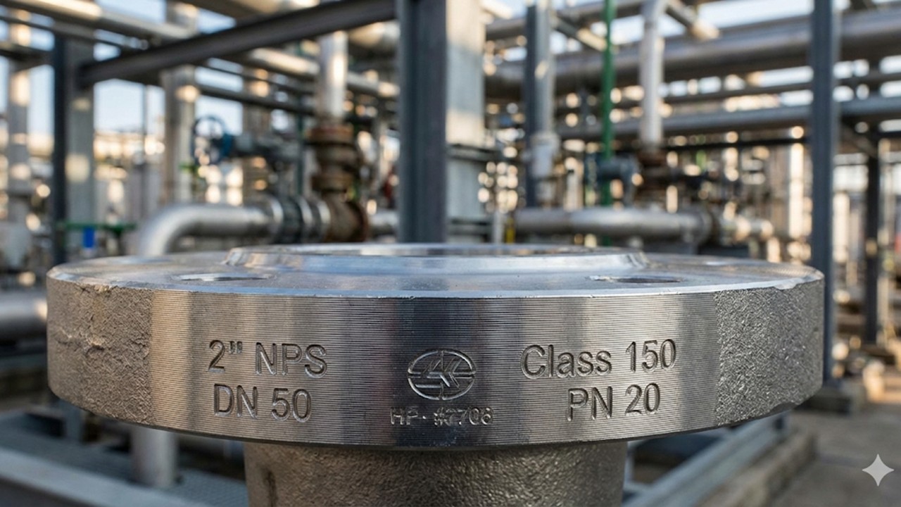 DN vs NPS vs PN piping standards comparison featuring stamped flange markings showing dual ANSI and ISO certification.