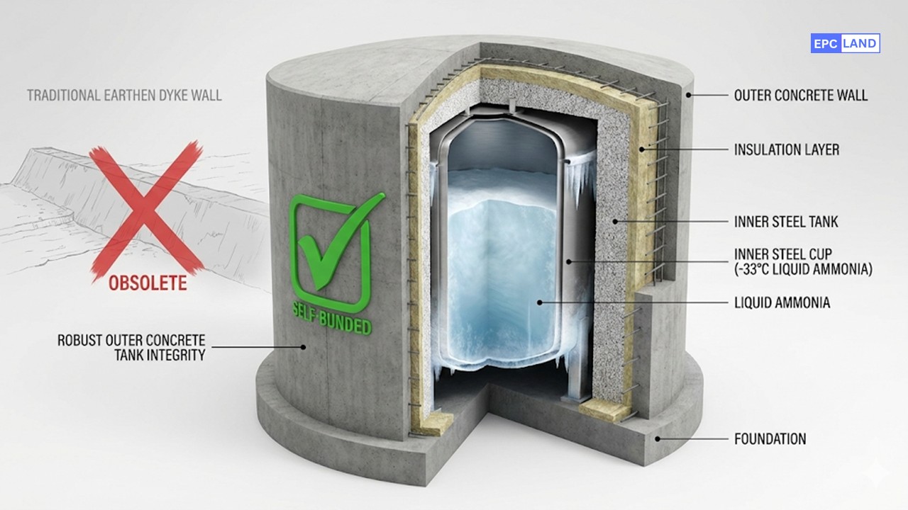 Double wall ammonia tank containment cross section showing inner steel shell and outer reinforced concrete wall API 620 design