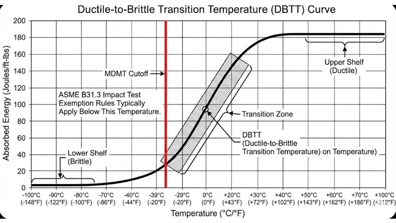 Ductile to Brittle Transition Curve showing absorbed energy vs temperature and ASME B31.3 impact test exemption limits