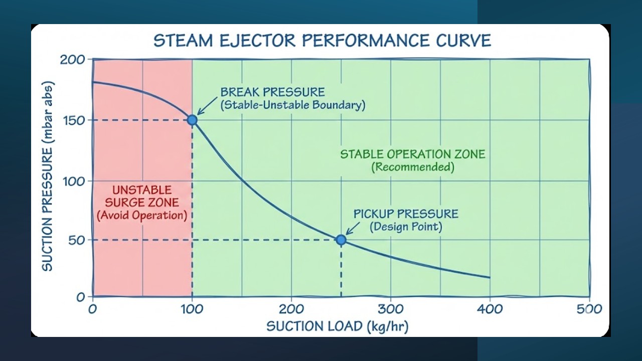Steam ejector performance curve illustrating Break Pressure vs Pickup Pressure