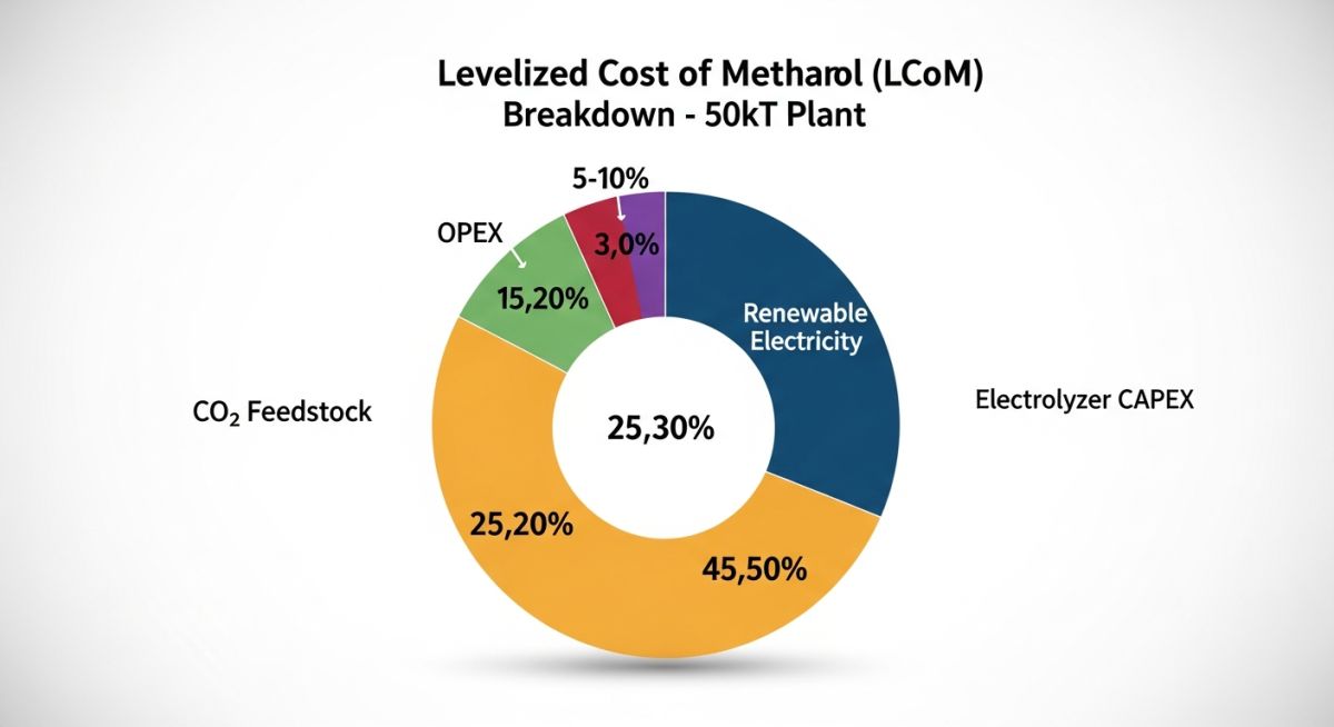 Cost breakdown chart for 50kT e-Methanol plant levelized cost analysis