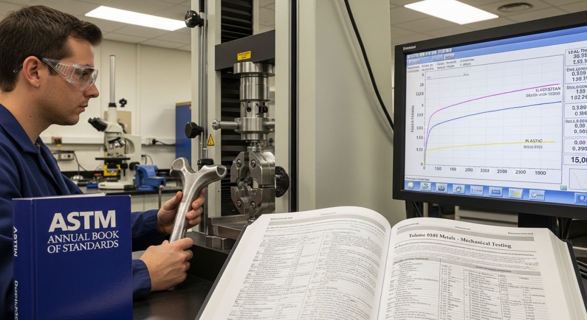 Engineering professional reviewing ASTM Standards for steel material testing in a certified laboratory 2026.