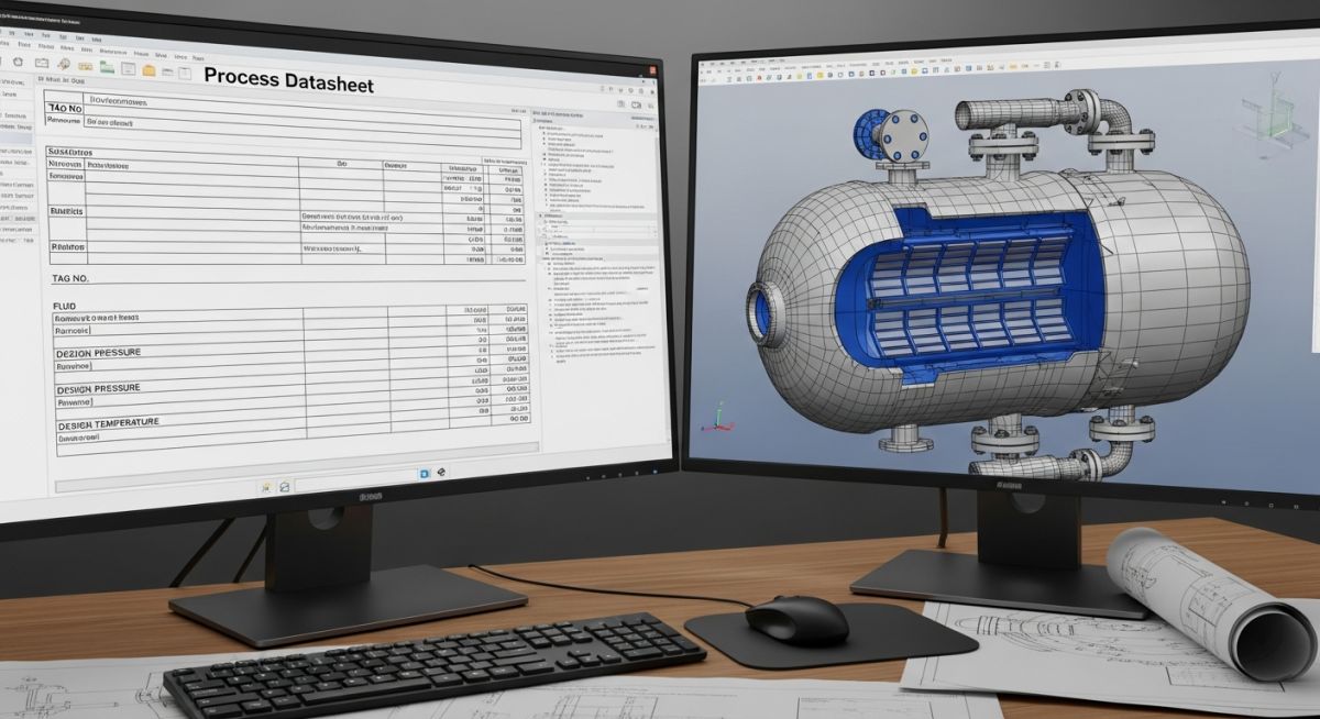 A professional engineer reviewing a detailed Process Datasheet for industrial equipment design.