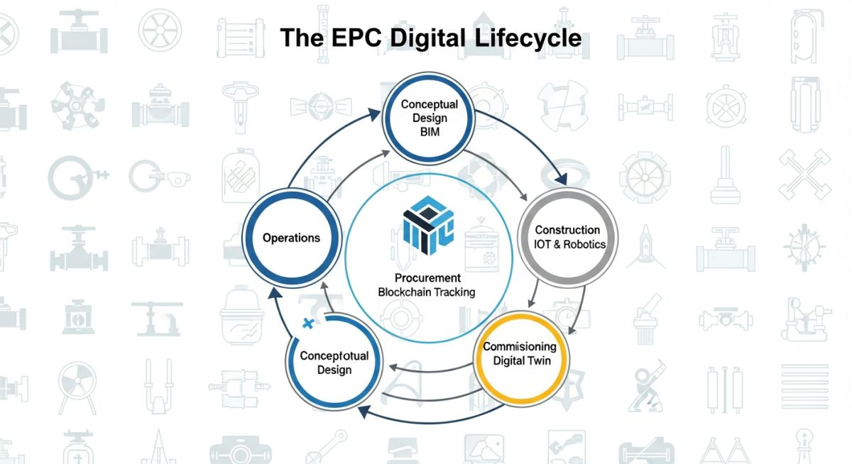 Technical flowchart showing the evolution of EPC Digital Transformation from siloed data to unified data environments