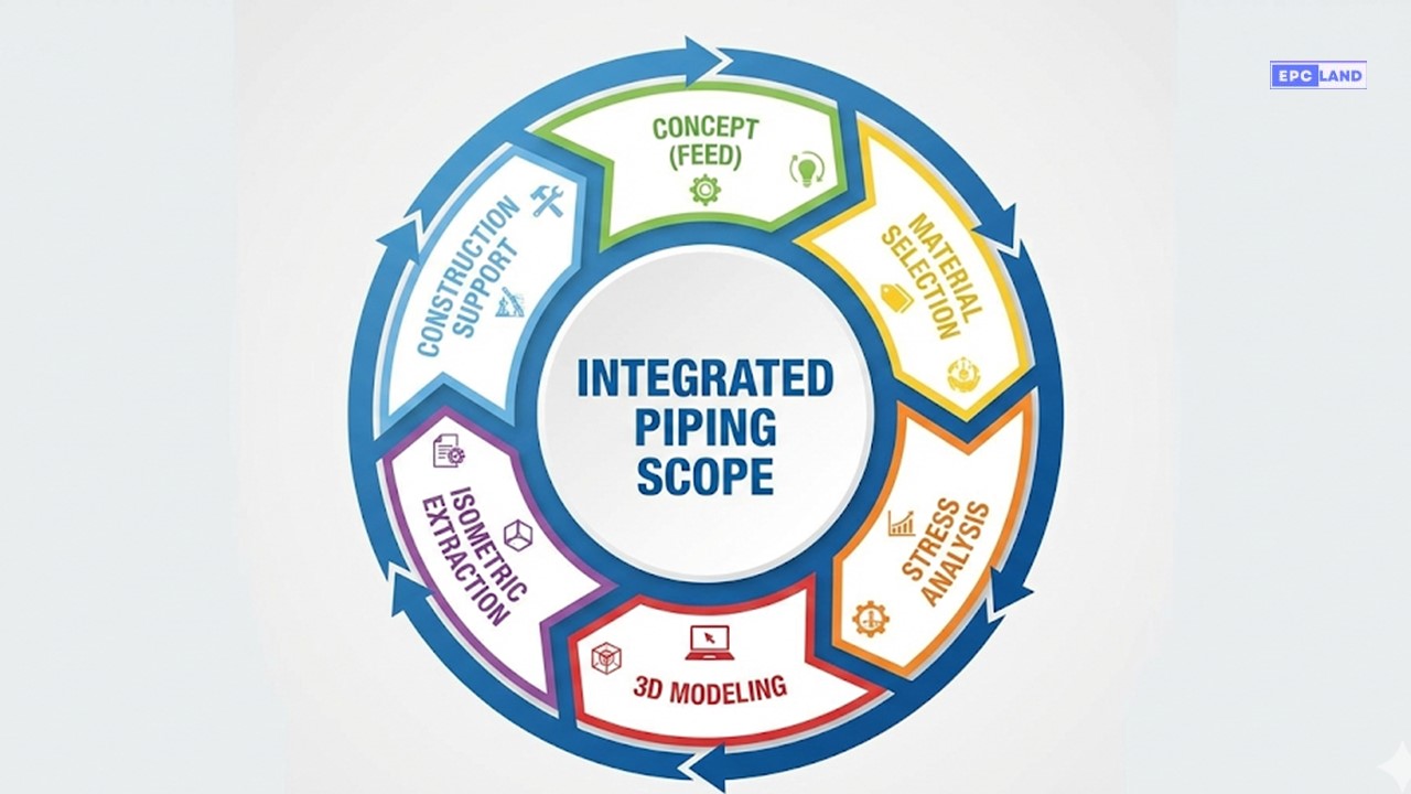 Diagram showing the full EPC piping scope of work from conceptual design to construction support