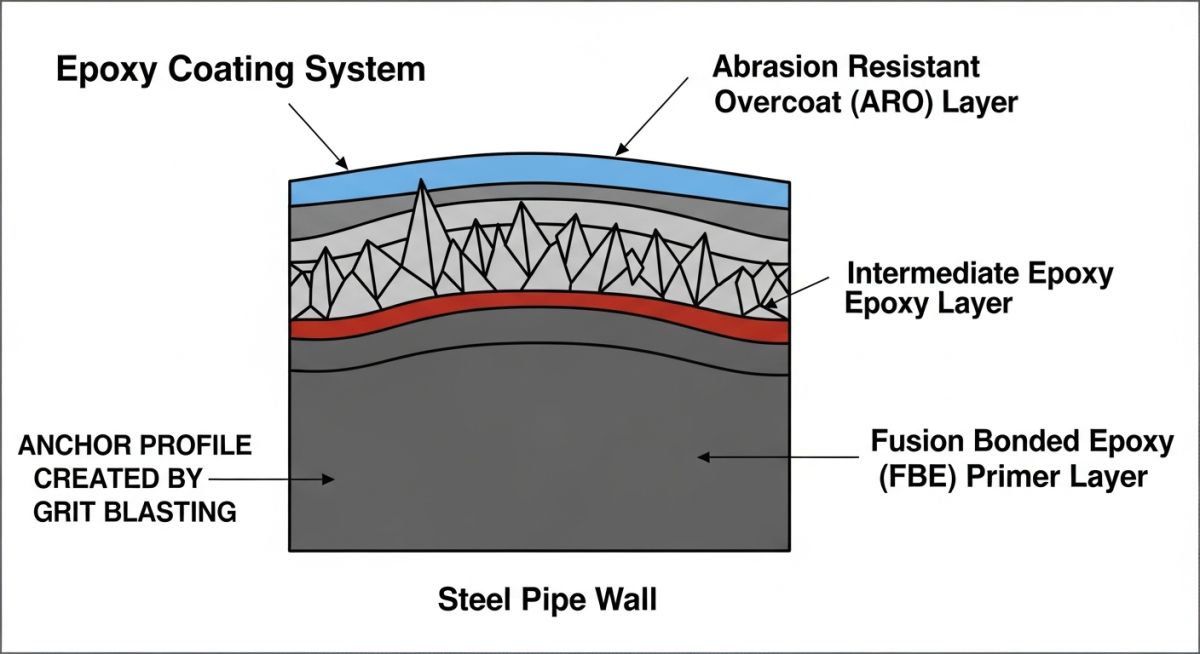 Engineering diagram of epoxy pipe coating layers and surface adhesion profile