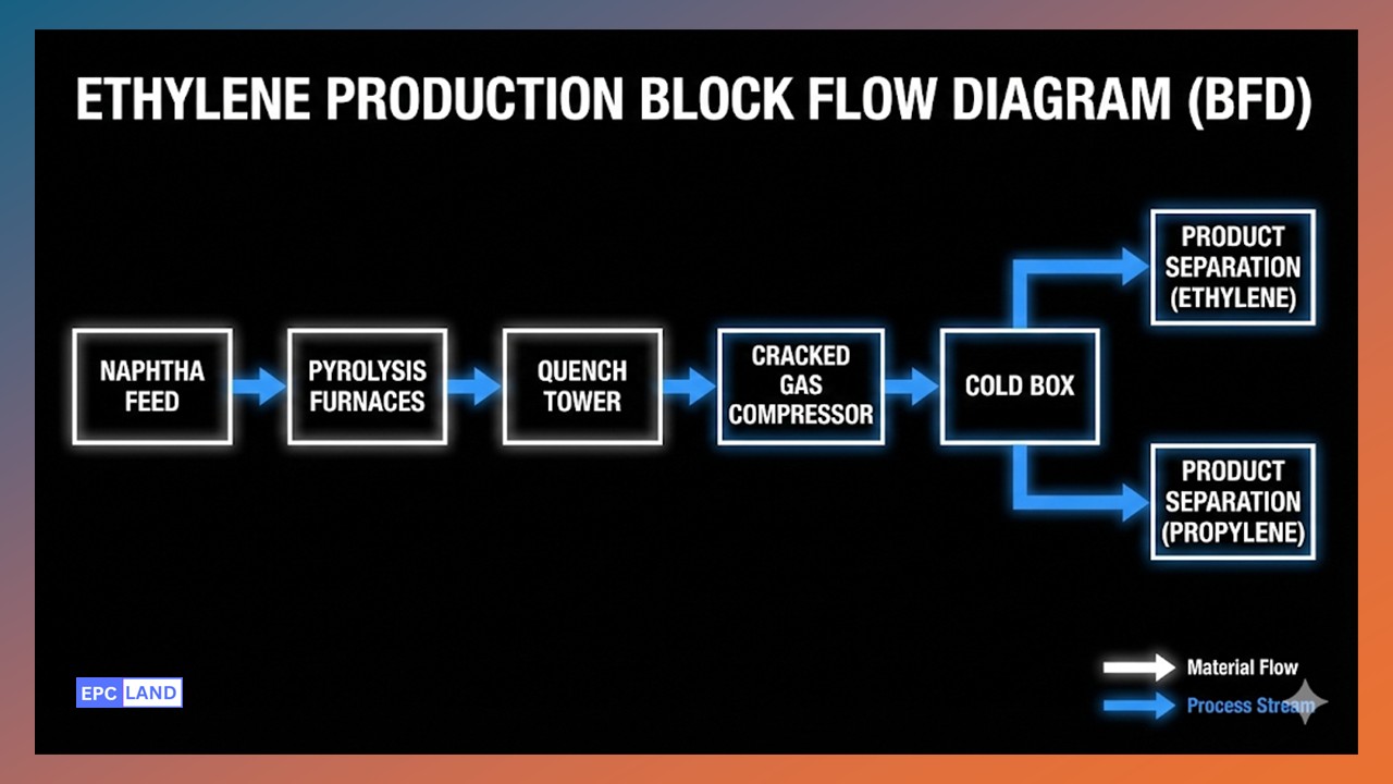 Process flow diagram (PFD) illustrating the steam cracking and ethylene production route