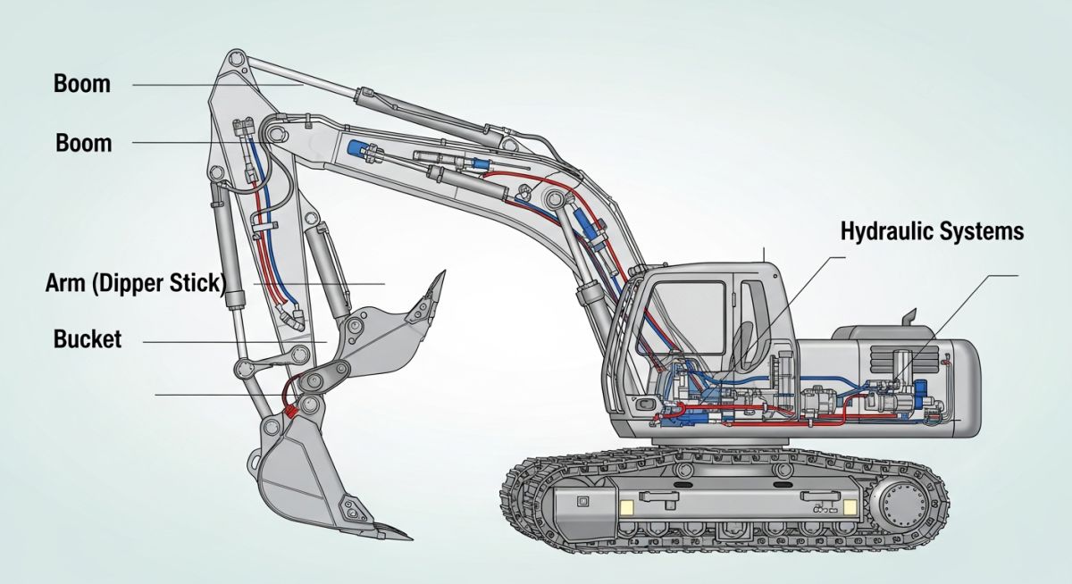Engineering diagram of hydraulic types of excavators components and parts