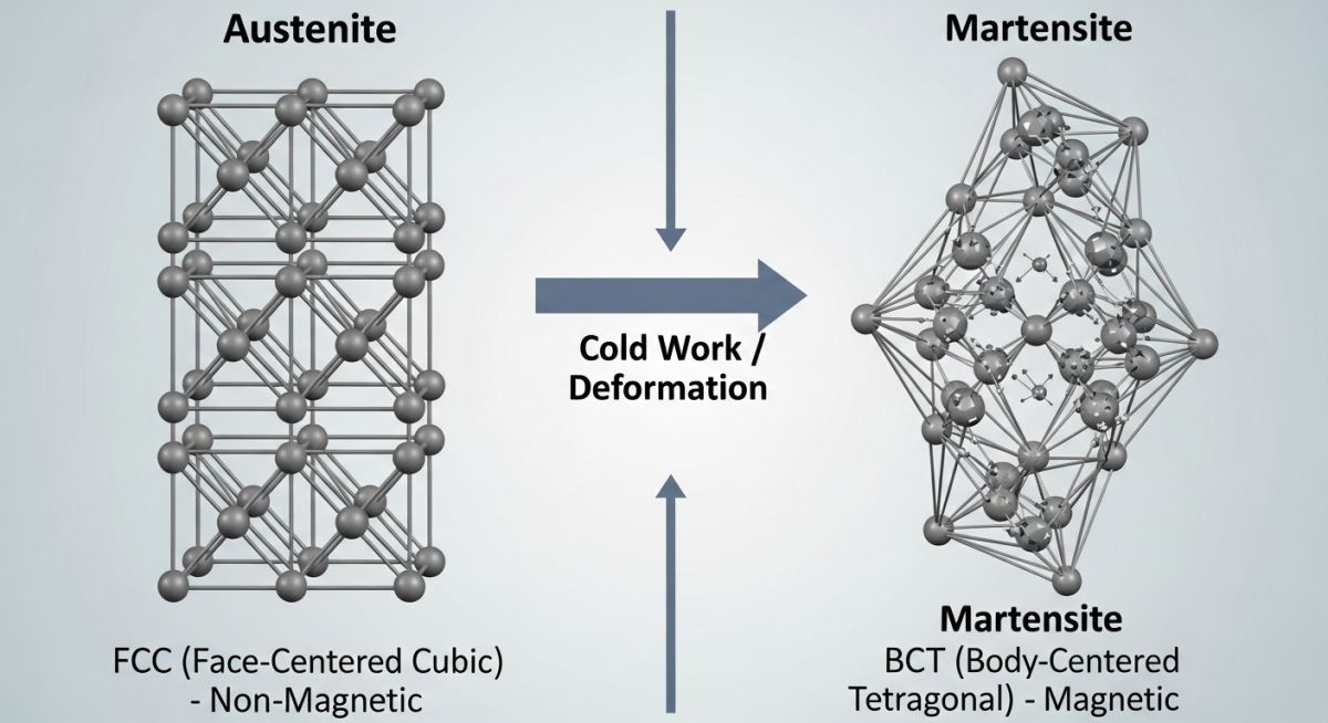 Crystal structure diagram showing transformation from non-magnetic Austenite FCC to magnetic Martensite BCT due to cold working