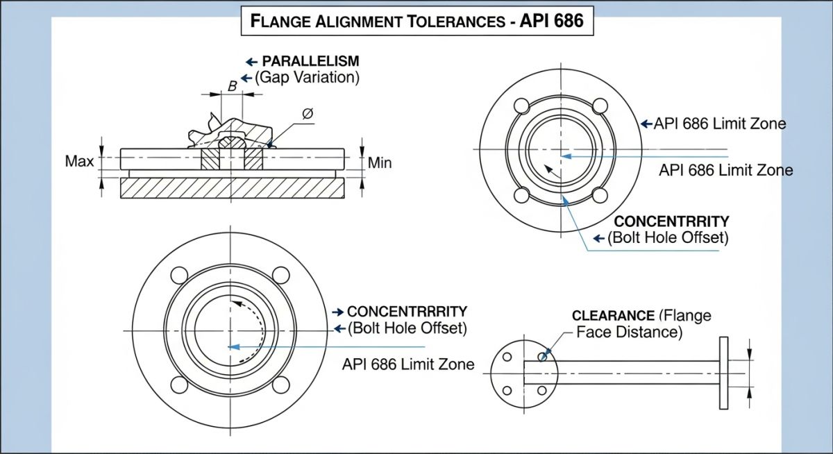 Technical diagram of flange parallelism and concentricity for Rotating Equipment Piping Alignment