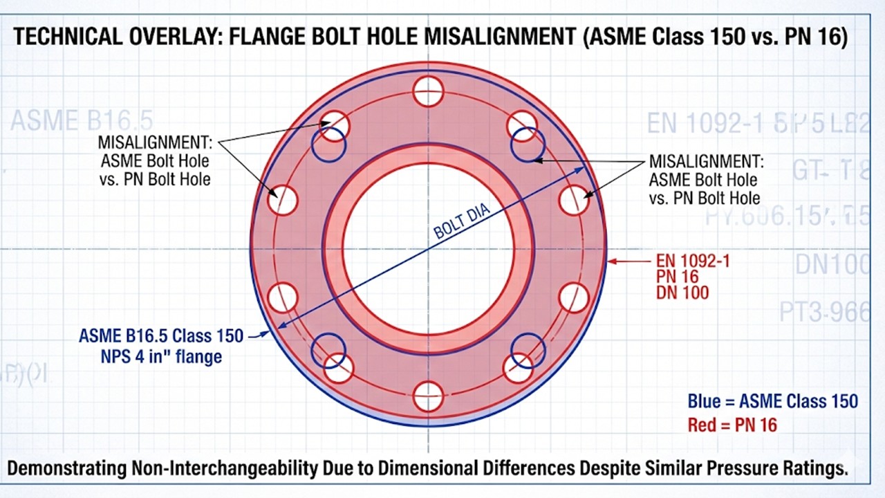 Flange bolt hole compatibility diagram comparing ANSI B16.5 vs EN 1092 bolt circles illustrating pitch circle diameter mismatch