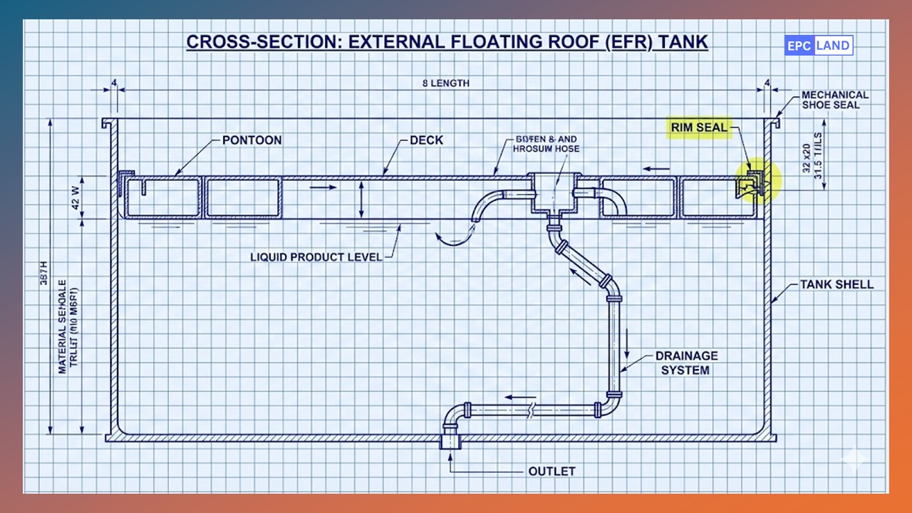 Cross section diagram of floating roof tank mechanism highlighting pontoon and seal details