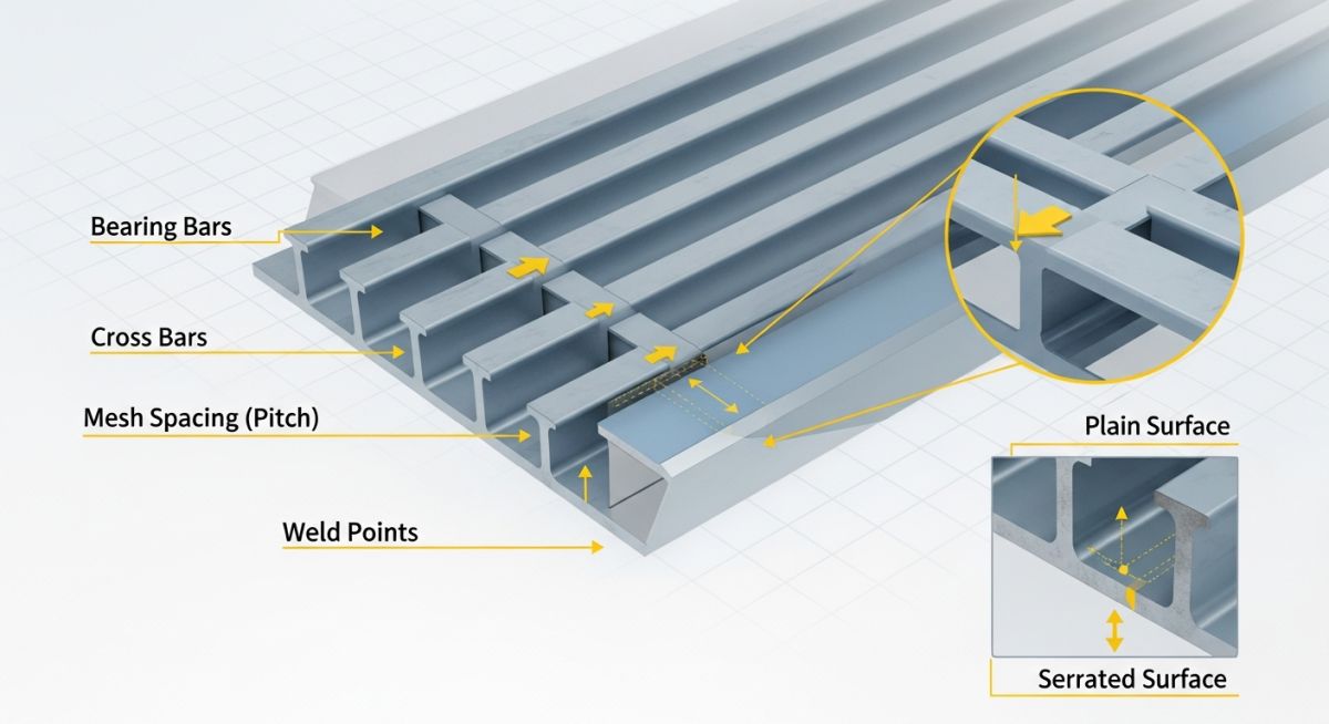 Engineering diagram showing the structural components of Floor Gratings including bearing bars, cross bars, and serrated anti-slip profiles