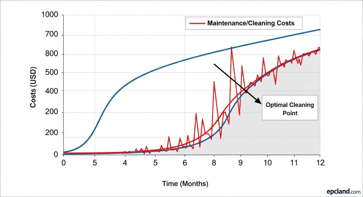 Economic analysis chart showing optimal cleaning cycle for minimizing Heat Exchanger Fouling Factor costs in USD