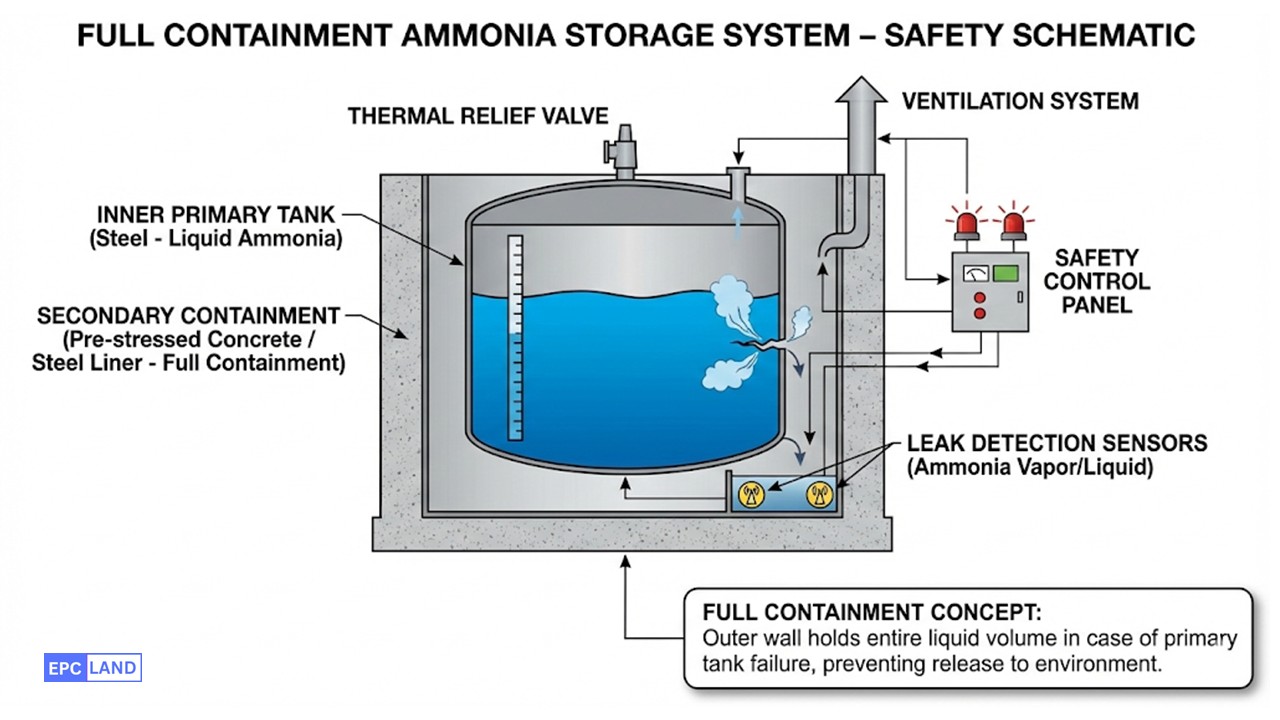 Full containment ammonia tank case study showing secondary liquid storage safety