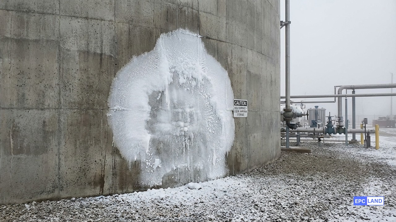Outer concrete tank frost spot indicating inner shell leak in full containment liquid ammonia storage