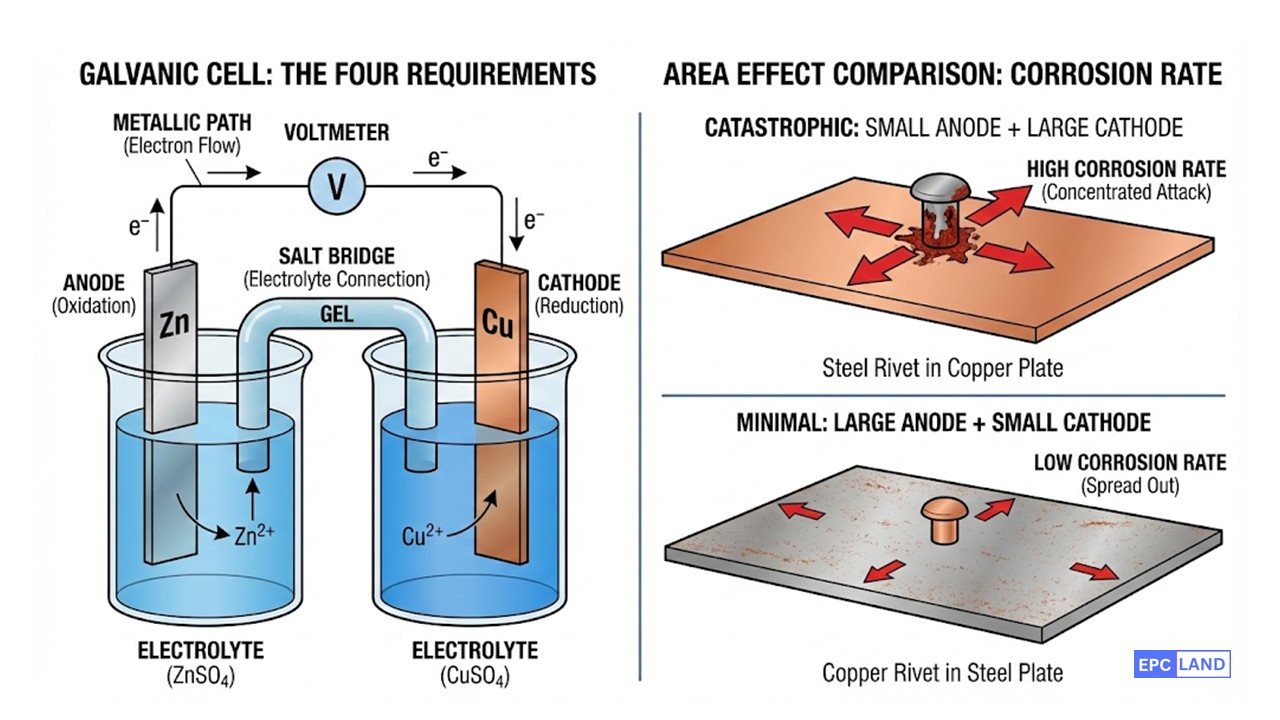 Diagram of galvanic cell mechanism and the anode to cathode area ratio effect on corrosion rates