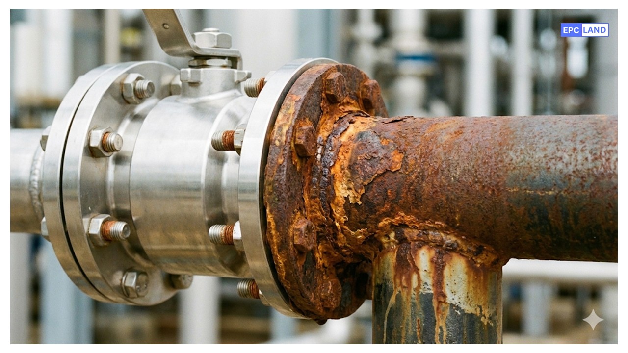 Galvanic corrosion between stainless steel valve and carbon steel pipe flange showing severe rust at the interface.