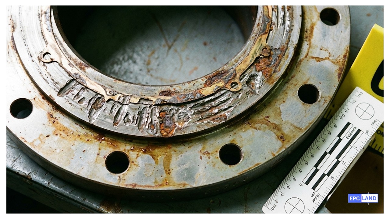 Flange face showing deep grooving and metal loss due to galvanic attack from improper gasket selection