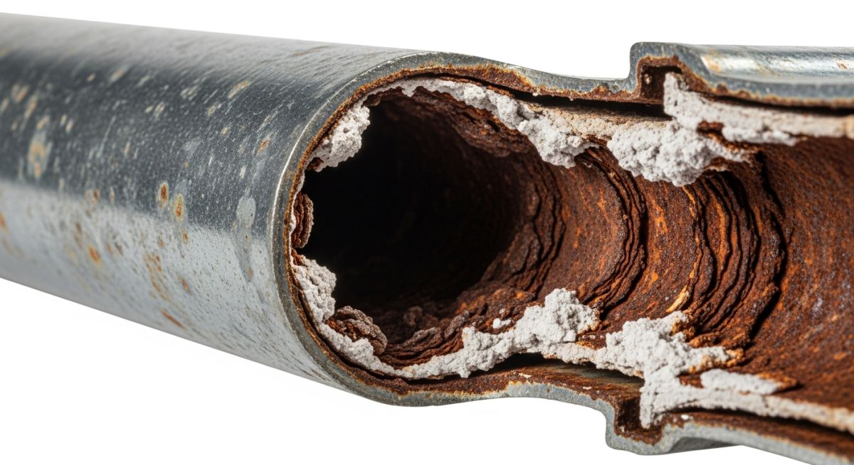 Internal corrosion and rust buildup inside a failed galvanized water pipe used in hot water service