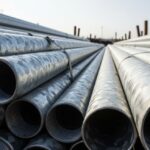 Stack of Schedule 40 hot-dip galvanized steel pipes with characteristic zinc spangle finish.