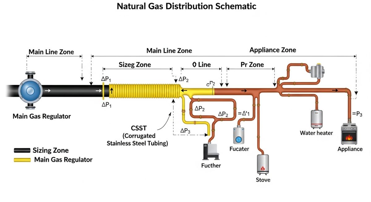 Technical diagram of Gas Piping System pressure regulation and sizing zones
