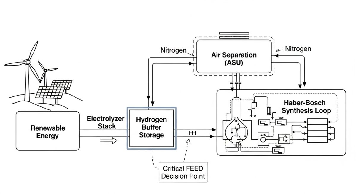 Green ammonia process flow diagram from hydrogen electrolysis to synthesis loop