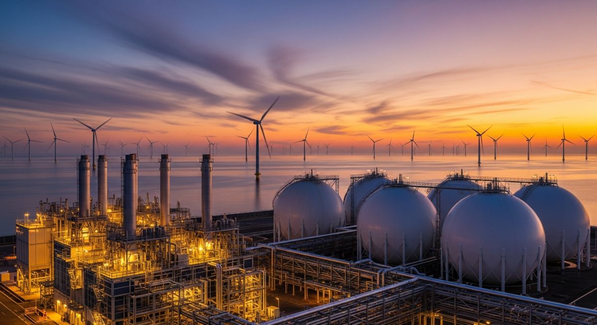 Industrial plant producing Green Hydrogen and Green Ammonia Energy Carriers using wind power.