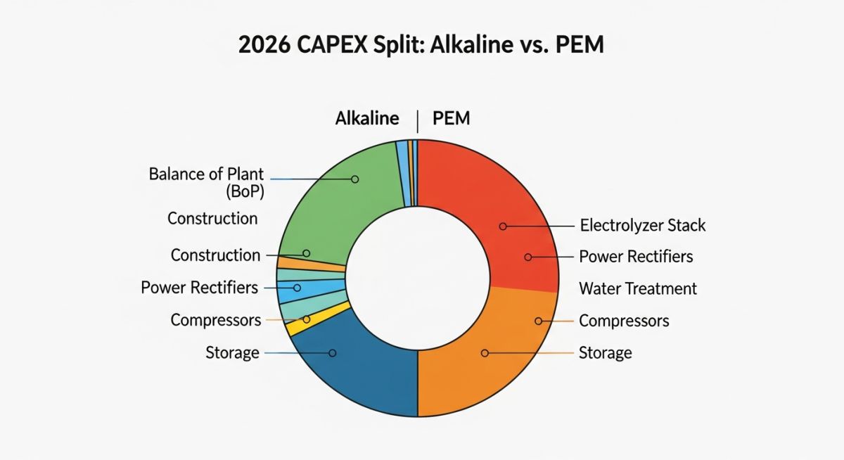Electrolyzer CAPEX breakdown showing Balance of Plant and stack costs