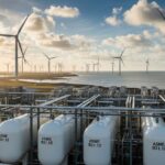 Industrial Green Hydrogen Energy Carrier production plant with PEM electrolyzers and storage tanks.