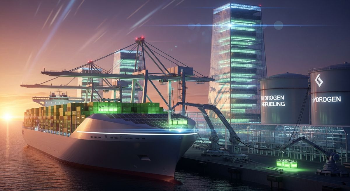 A large cargo vessel utilizing Green Hydrogen in Shipping at a modern port terminal.