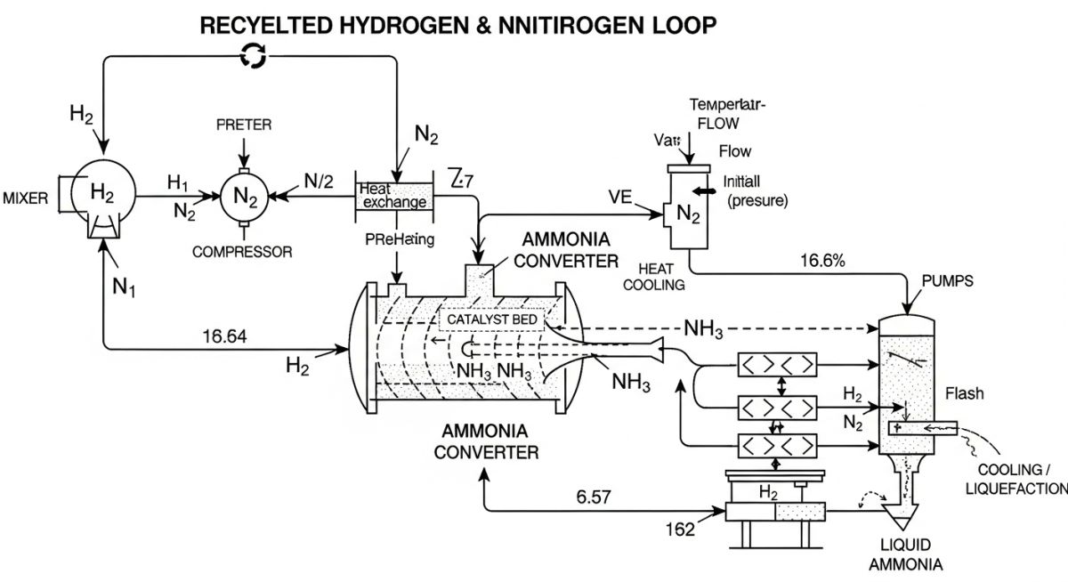 Engineering flow diagram of the Haber-Bosch Process for Ammonia Production