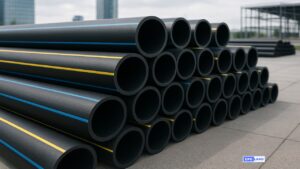 HDPE Pipe Meaning and Full Form visual guide showing blue striped water pipes.