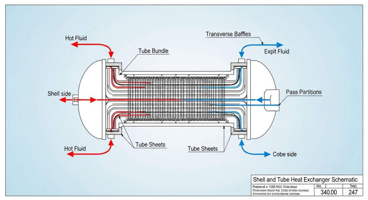 Engineering schematic diagram labeling the functional internal Parts of a Heat Exchanger and fluid flow paths
