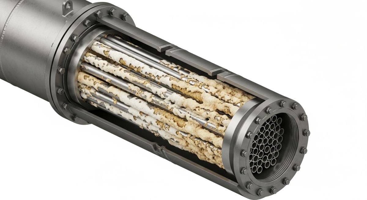 Industrial Shell and Tube Heat Exchanger showing internal Heat Exchanger Fouling Factor deposits.