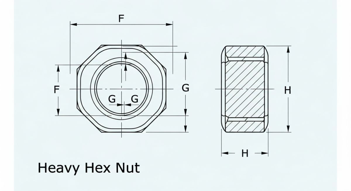 Engineering dimension diagram for Heavy Hex Nut according to ASME B18.2.2 standards