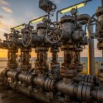 Heavy-duty automated Choke Valves for Oil and Gas installed on an offshore production manifold.