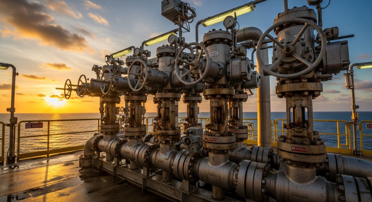 Heavy-duty automated Choke Valves for Oil and Gas installed on an offshore production manifold.