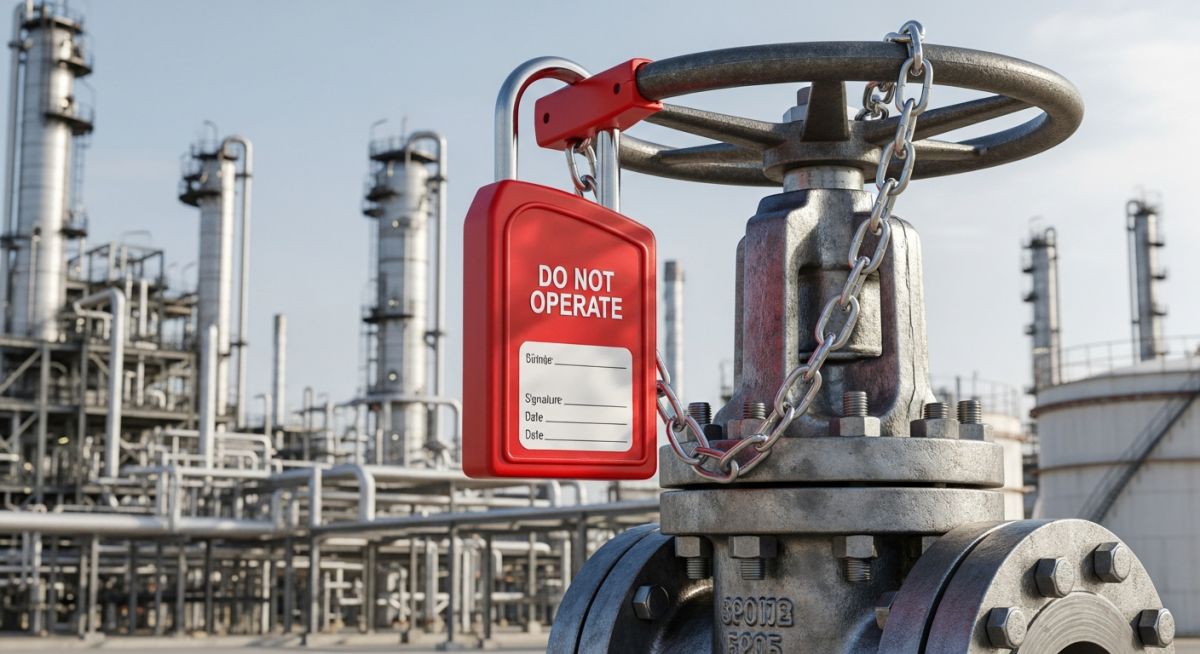 Industrial technician inspecting LO and LC in Valves locking mechanisms.