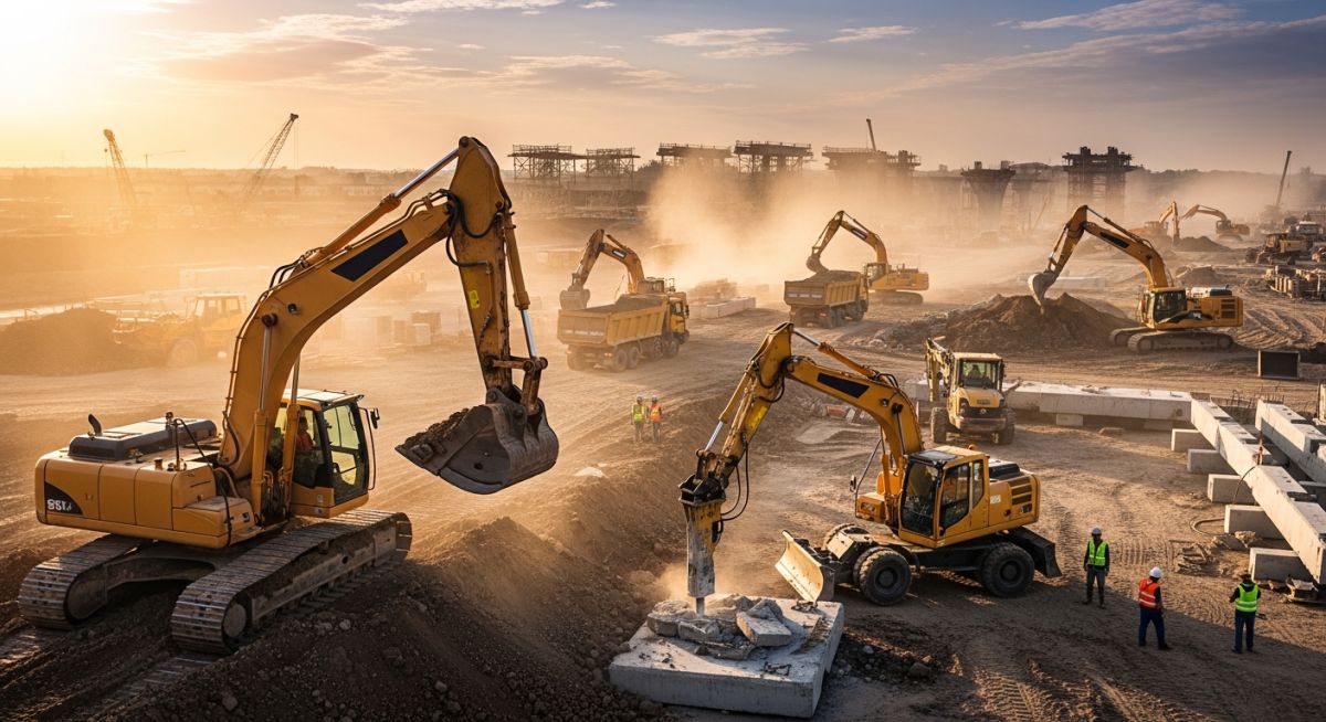 Professional fleet showing different types of excavators on a 2026 construction site.