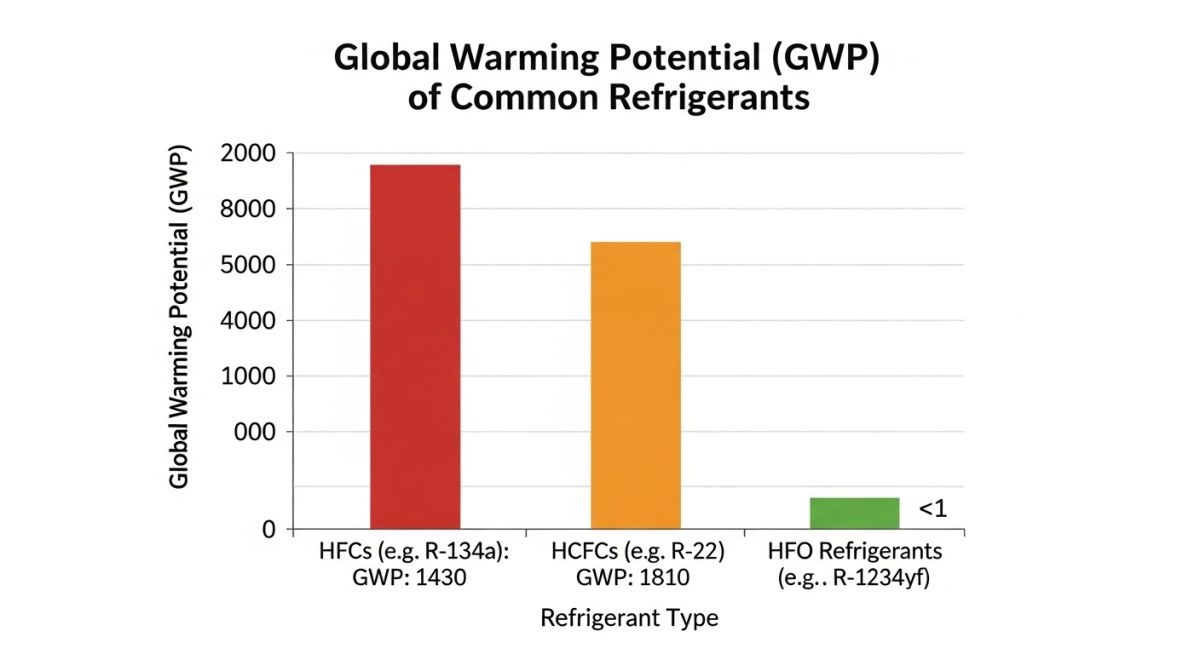 Bar chart comparing Global Warming Potential (GWP) of HFC, HCFC, and HFO Refrigerants like R-1234yf, highlighting the significant environmental benefit of Hydrofluoroolefin Chemistry.
