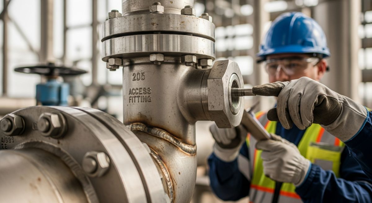 High Pressure Access Fitting installed on industrial piping system 2026.