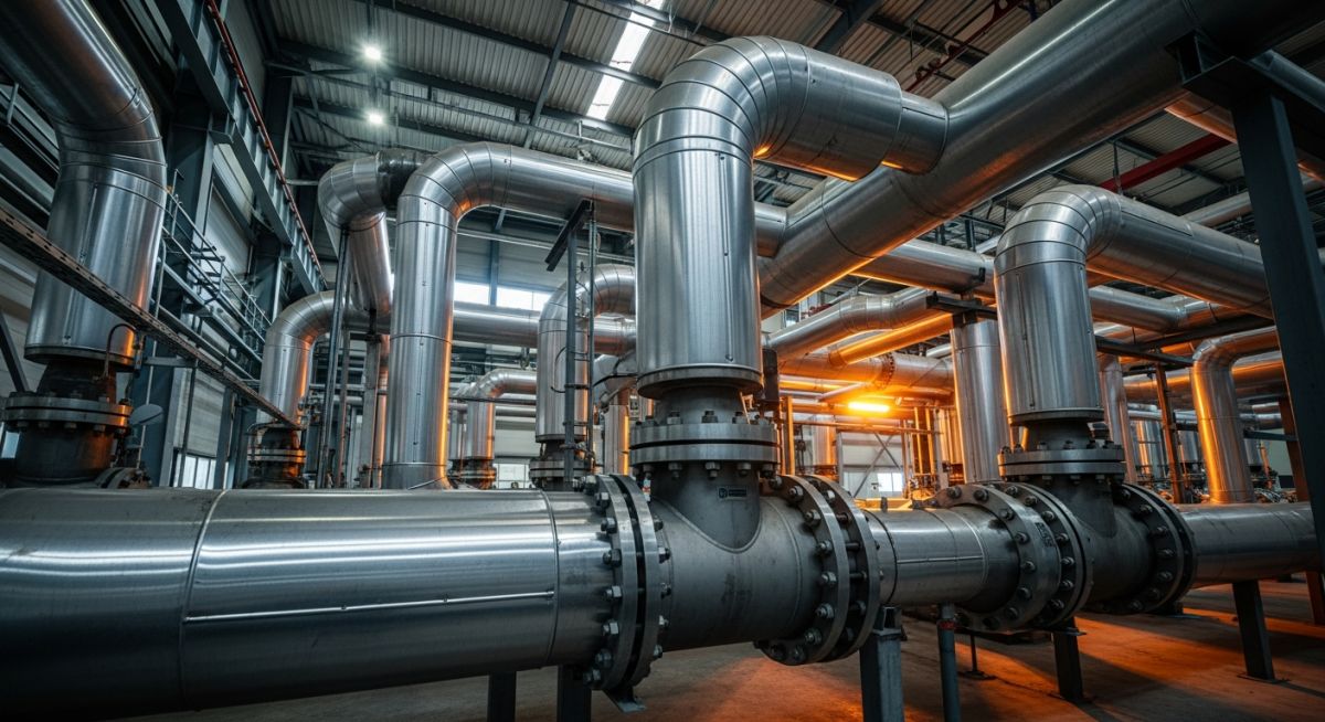 Industrial installation of high temperature and high-pressure piping systems in a modern facility.